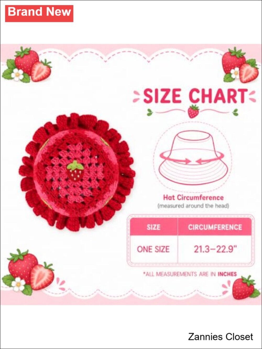 🤠 Hand Crochet Strawberry Bucket Hat Ruffle Brim Knit Costume Cap - Picture 3 of 5